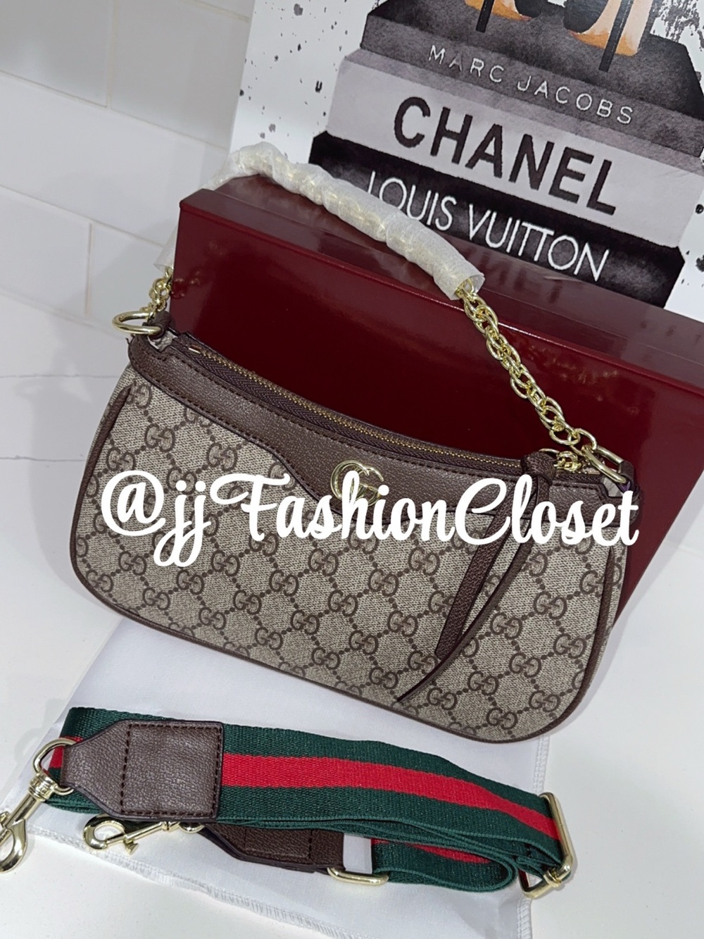 NIB Brown Canvas Shoulder Bag with Green-Red Strap